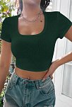 Kadın Yeşil Yarım Kol Düz Yaka Crop Top Bluz – Şık, Rahat Ve Kolay Kombinlenebilir
