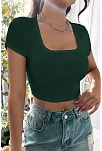 Kadın Yeşil Yarım Kol Düz Yaka Crop Top Bluz – Şık, Rahat Ve Kolay Kombinlenebilir