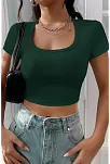 Kadın Yeşil Yarım Kol Düz Yaka Crop Top Bluz – Şık, Rahat Ve Kolay Kombinlenebilir