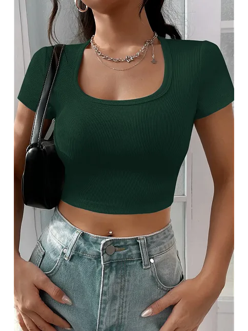 Kadın Yeşil Yarım Kol Düz Yaka Crop Top Bluz – Şık, Rahat Ve Kolay Kombinlenebilir