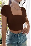 Kadın Kahverengi Yarım Kol Düz Yaka Crop Top Bluz – Şık, Rahat Ve Kolay Kombinlenebilir