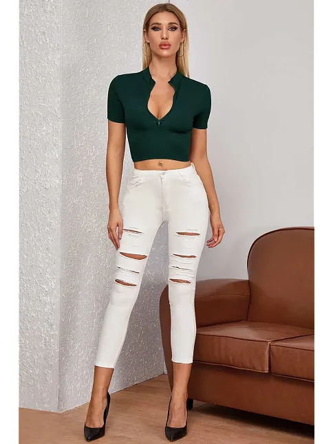 Kadın Yeşil Yarım Fermuarlı Ve Kısa Kollu Crop Top Bluz – Şık, Rahat Ve Kolay Kombinlenebilir