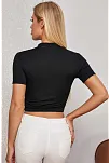 Kadın Siyah Yarım Fermuarlı Ve Kısa Kollu Crop Top Bluz