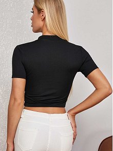 Kadın Siyah Yarım Fermuarlı Ve Kısa Kollu Crop Top Bluz