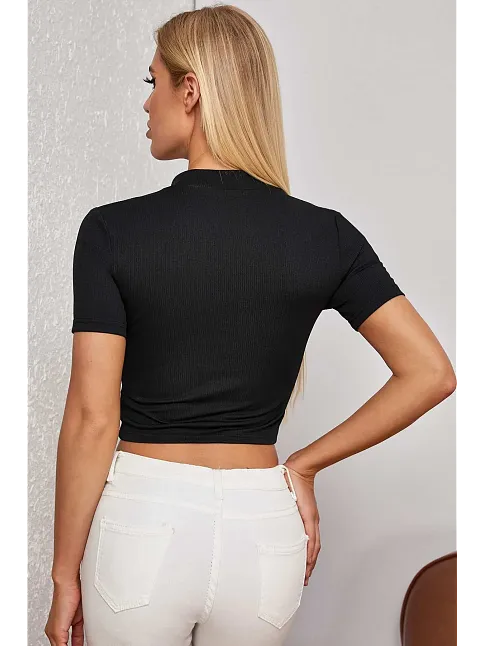 Kadın Siyah Yarım Fermuarlı Ve Kısa Kollu Crop Top Bluz