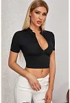 Kadın Siyah Yarım Fermuarlı Ve Kısa Kollu Crop Top Bluz