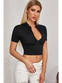 Kadın Siyah Yarım Fermuarlı Ve Kısa Kollu Crop Top Bluz