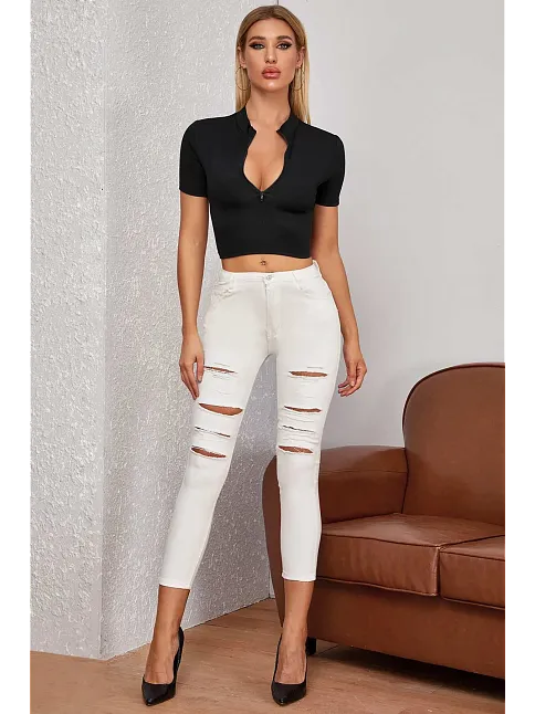 Kadın Siyah Yarım Fermuarlı Ve Kısa Kollu Crop Top Bluz