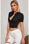 Kadın Siyah Yarım Fermuarlı Ve Kısa Kollu Crop Top Bluz