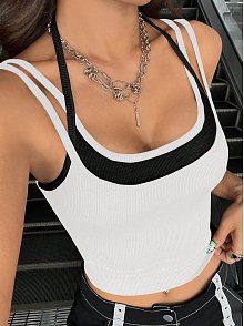 Kadın Siyah Beyaz Çift Renk Çapraz Askılı Crop Top Bluz