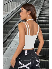 Kadın Siyah Beyaz Çift Renk Çapraz Askılı Crop Top Bluz