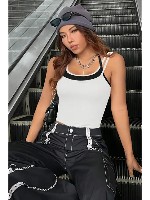 Kadın Siyah Beyaz Çift Renk Çapraz Askılı Crop Top Bluz