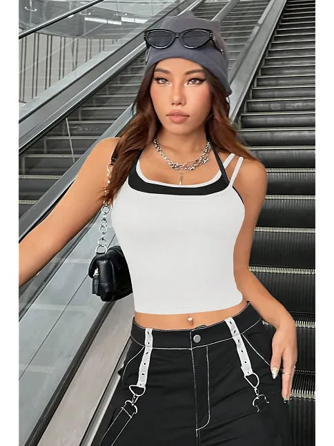 Kadın Siyah Beyaz Çift Renk Çapraz Askılı Crop Top Bluz