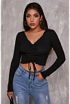 Kadın Siyah Uzun Kollu Büzdürme Bağcık Detaylı Crop Top Bluz – Şık, Rahat Ve Kolay Kombinlenebilir