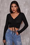 Kadın Siyah Uzun Kollu Büzdürme Bağcık Detaylı Crop Top Bluz – Şık, Rahat Ve Kolay Kombinlenebilir