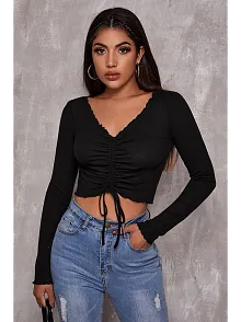 Kadın Siyah Uzun Kollu Büzdürme Bağcık Detaylı Crop Top Bluz – Şık, Rahat Ve Kolay Kombinlenebilir