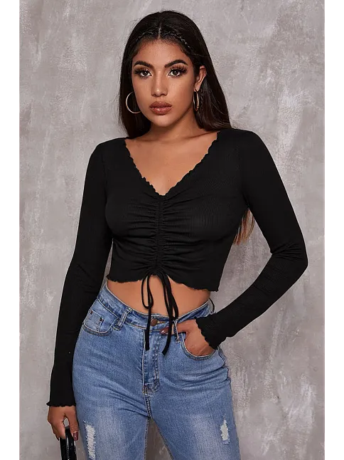Kadın Siyah Uzun Kollu Büzdürme Bağcık Detaylı Crop Top Bluz – Şık, Rahat Ve Kolay Kombinlenebilir