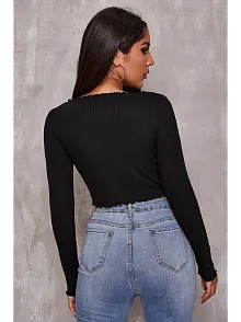 Kadın Siyah Uzun Kollu Büzdürme Bağcık Detaylı Crop Top Bluz – Şık, Rahat Ve Kolay Kombinlenebilir