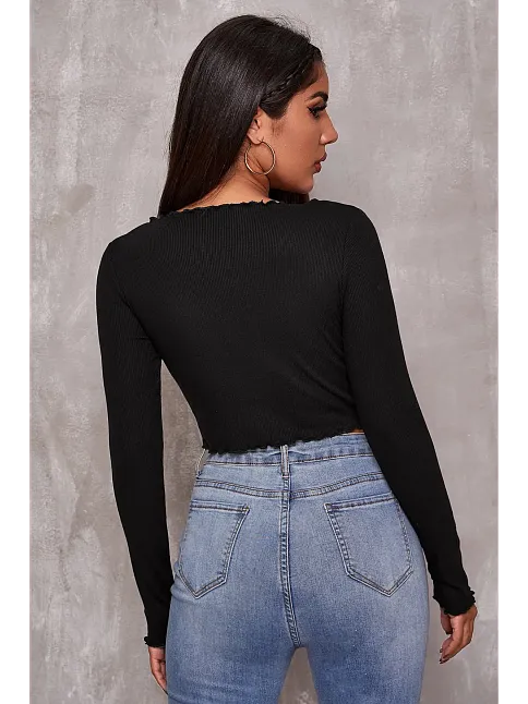 Kadın Siyah Uzun Kollu Büzdürme Bağcık Detaylı Crop Top Bluz – Şık, Rahat Ve Kolay Kombinlenebilir