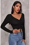 Kadın Siyah Uzun Kollu Büzdürme Bağcık Detaylı Crop Top Bluz – Şık, Rahat Ve Kolay Kombinlenebilir