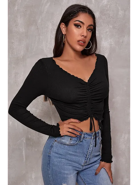 Kadın Siyah Uzun Kollu Büzdürme Bağcık Detaylı Crop Top Bluz – Şık, Rahat Ve Kolay Kombinlenebilir