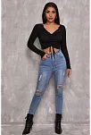 Kadın Siyah Uzun Kollu Büzdürme Bağcık Detaylı Crop Top Bluz – Şık, Rahat Ve Kolay Kombinlenebilir