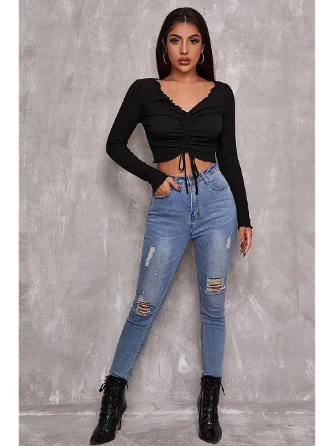 Kadın Siyah Uzun Kollu Büzdürme Bağcık Detaylı Crop Top Bluz – Şık, Rahat Ve Kolay Kombinlenebilir