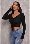 Kadın Siyah Uzun Kollu Büzdürme Bağcık Detaylı Crop Top Bluz – Şık, Rahat Ve Kolay Kombinlenebilir