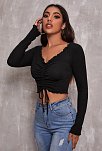 Kadın Siyah Uzun Kollu Büzdürme Bağcık Detaylı Crop Top Bluz – Şık, Rahat Ve Kolay Kombinlenebilir