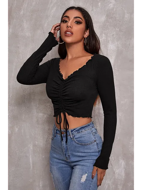 Kadın Siyah Uzun Kollu Büzdürme Bağcık Detaylı Crop Top Bluz – Şık, Rahat Ve Kolay Kombinlenebilir