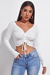 Kadın Beyaz Uzun Kollu Büzdürme Bağcık Detaylı Crop Top Bluz – Şık, Rahat Ve Kolay Kombinlenebilir