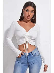 Kadın Beyaz Uzun Kollu Büzdürme Bağcık Detaylı Crop Top Bluz – Şık, Rahat Ve Kolay Kombinlenebilir