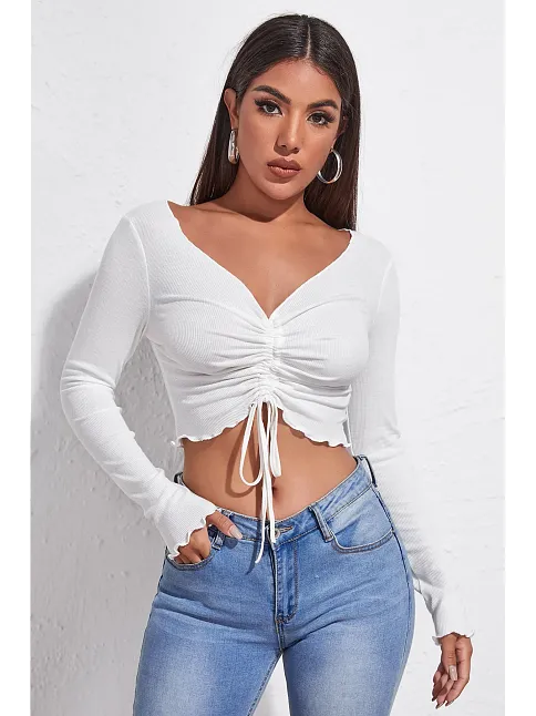 Kadın Beyaz Uzun Kollu Büzdürme Bağcık Detaylı Crop Top Bluz – Şık, Rahat Ve Kolay Kombinlenebilir