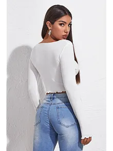 Kadın Beyaz Uzun Kollu Büzdürme Bağcık Detaylı Crop Top Bluz – Şık, Rahat Ve Kolay Kombinlenebilir