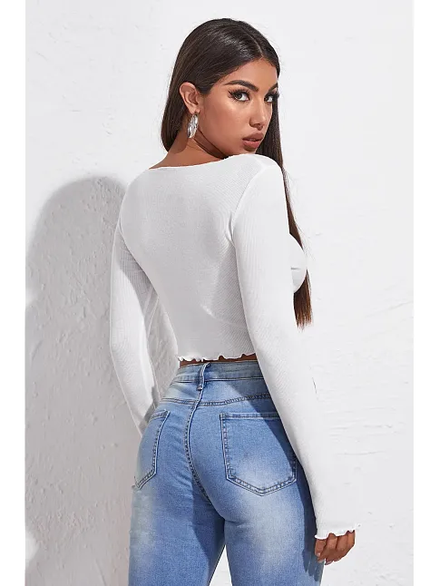Kadın Beyaz Uzun Kollu Büzdürme Bağcık Detaylı Crop Top Bluz – Şık, Rahat Ve Kolay Kombinlenebilir