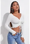 Kadın Beyaz Uzun Kollu Büzdürme Bağcık Detaylı Crop Top Bluz – Şık, Rahat Ve Kolay Kombinlenebilir