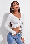 Kadın Beyaz Uzun Kollu Büzdürme Bağcık Detaylı Crop Top Bluz – Şık, Rahat Ve Kolay Kombinlenebilir