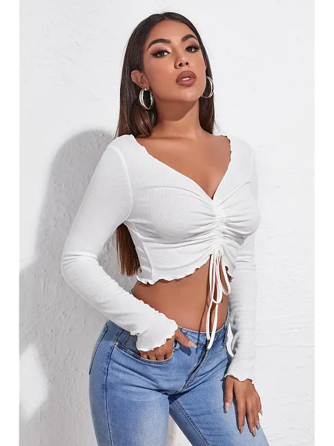 Kadın Beyaz Uzun Kollu Büzdürme Bağcık Detaylı Crop Top Bluz – Şık, Rahat Ve Kolay Kombinlenebilir