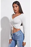 Kadın Beyaz Uzun Kollu Büzdürme Bağcık Detaylı Crop Top Bluz – Şık, Rahat Ve Kolay Kombinlenebilir