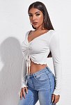 Kadın Beyaz Uzun Kollu Büzdürme Bağcık Detaylı Crop Top Bluz – Şık, Rahat Ve Kolay Kombinlenebilir