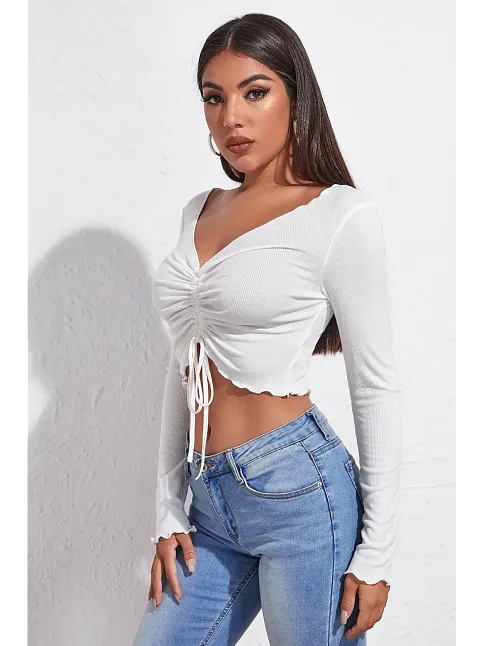 Kadın Beyaz Uzun Kollu Büzdürme Bağcık Detaylı Crop Top Bluz – Şık, Rahat Ve Kolay Kombinlenebilir