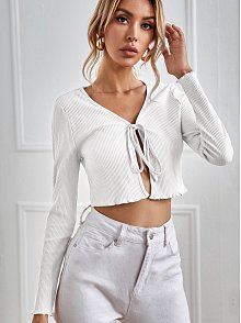 Kadın Beyaz Uzun Kollu Önden Bağlama Detaylı Crop Top Bluz – Şık, Rahat Ve Kolay Kombinlenebilir
