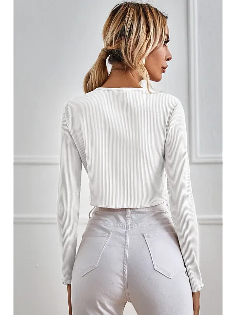 Kadın Beyaz Uzun Kollu Önden Bağlama Detaylı Crop Top Bluz – Şık, Rahat Ve Kolay Kombinlenebilir