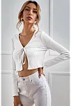 Kadın Beyaz Uzun Kollu Önden Bağlama Detaylı Crop Top Bluz – Şık, Rahat Ve Kolay Kombinlenebilir
