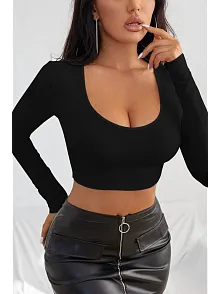 Kadın Siyah Uzun Kol Kare Yaka Crop Top Bluz – Şık, Rahat Ve Kolay Kombinlenebilir