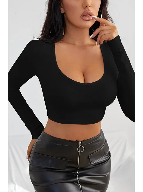 Kadın Siyah Uzun Kol Kare Yaka Crop Top Bluz – Şık, Rahat Ve Kolay Kombinlenebilir