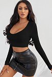 Kadın Siyah Uzun Kol Kare Yaka Crop Top Bluz – Şık, Rahat Ve Kolay Kombinlenebilir
