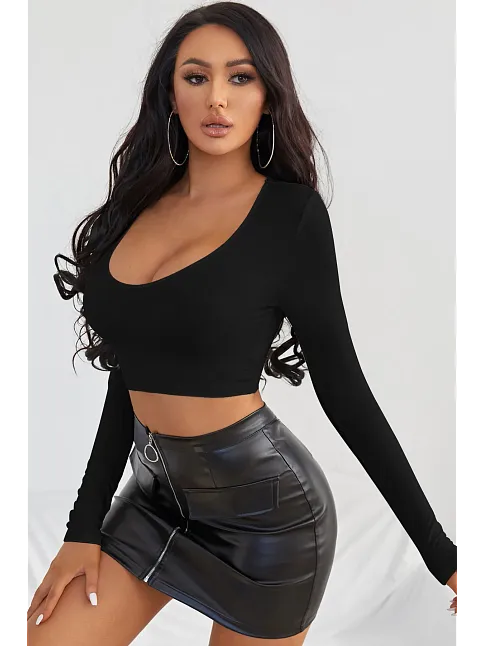 Kadın Siyah Uzun Kol Kare Yaka Crop Top Bluz – Şık, Rahat Ve Kolay Kombinlenebilir