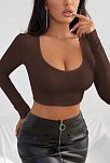 Kadın Kahverengi Uzun Kol Kare Yaka Crop Top Bluz – Şık, Rahat Ve Kolay Kombinlenebilir
