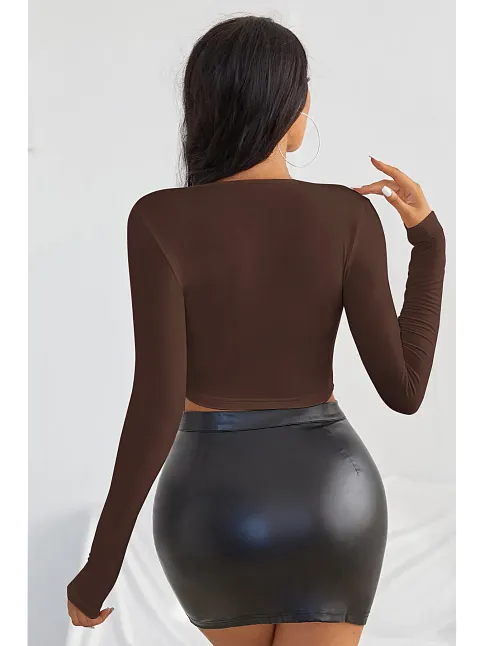Kadın Kahverengi Uzun Kol Kare Yaka Crop Top Bluz – Şık, Rahat Ve Kolay Kombinlenebilir